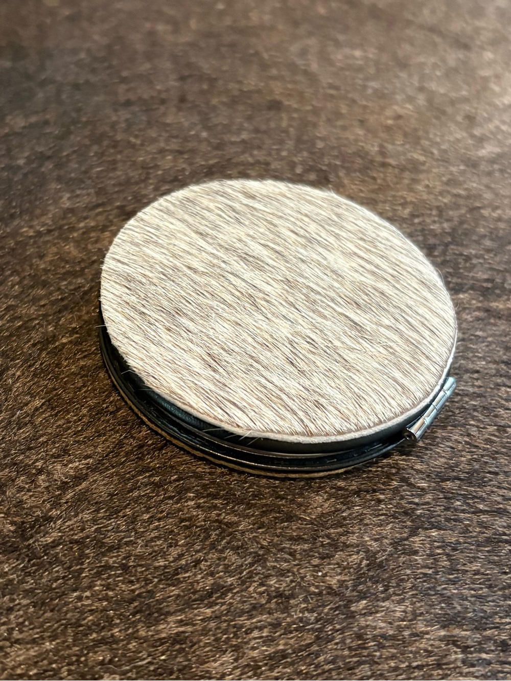 2 Bar L Cowhide and Embossed Leather Compact Mirror